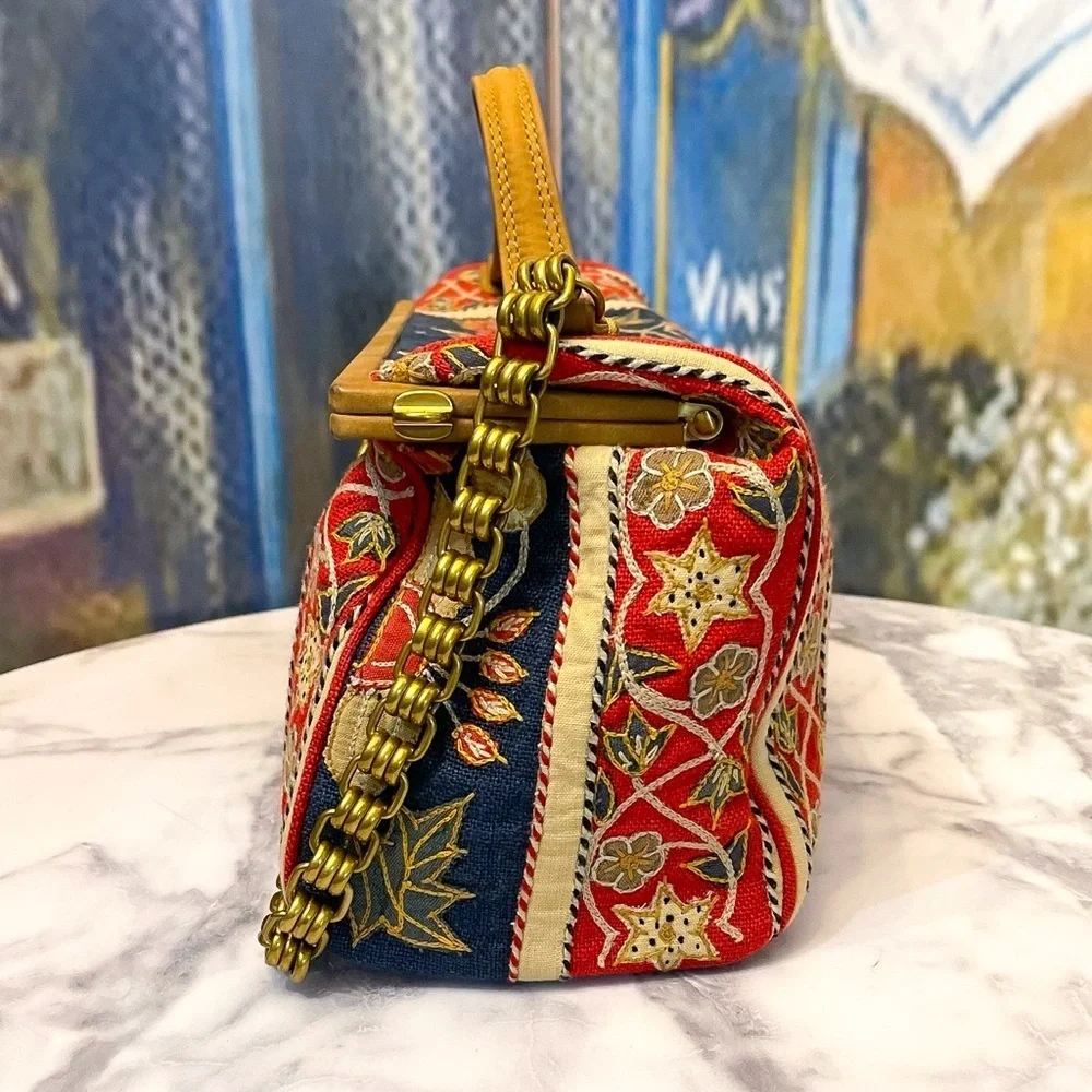 Tory Burch Tapestry Embroidered Barrel Bag‎ Floral Carpet Navy Red Gold GUC
